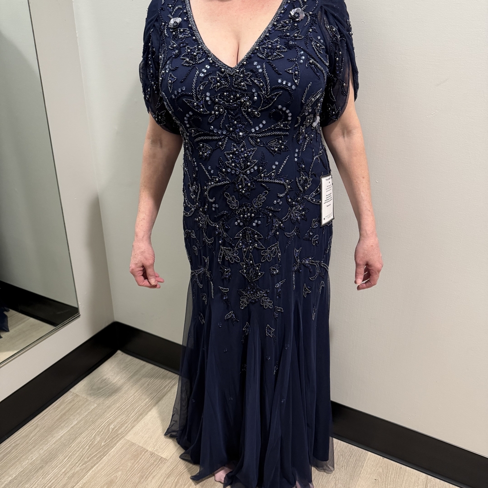 Adrianna Papell Navy Beaded V-Neck Maxi Gown